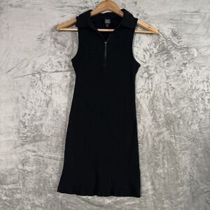 Wild Fable Black Ribbed Mini Dress Size M Sleeveless Zip Front Polo Bodycon Chic